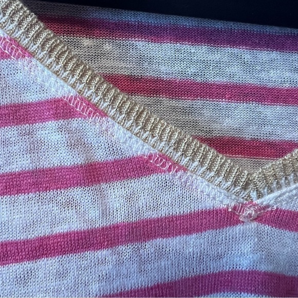 Chicos 100% Linen Knit Sweater Tee Pink White Striped Gold Shimmer V
Neck Small - Picture 9 of 11